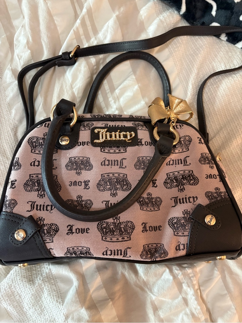 Juicy Couture Pink and Black Logo Dome Satchel with Gold Accents